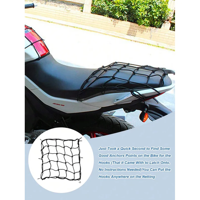 40x40cm Elastic Cargo Net (W/Hooks), Durable Stretch Mesh, Fits Motorcycle/Bike/Electric Scooter (Rear Seat/Tank), Fuel Tank Net