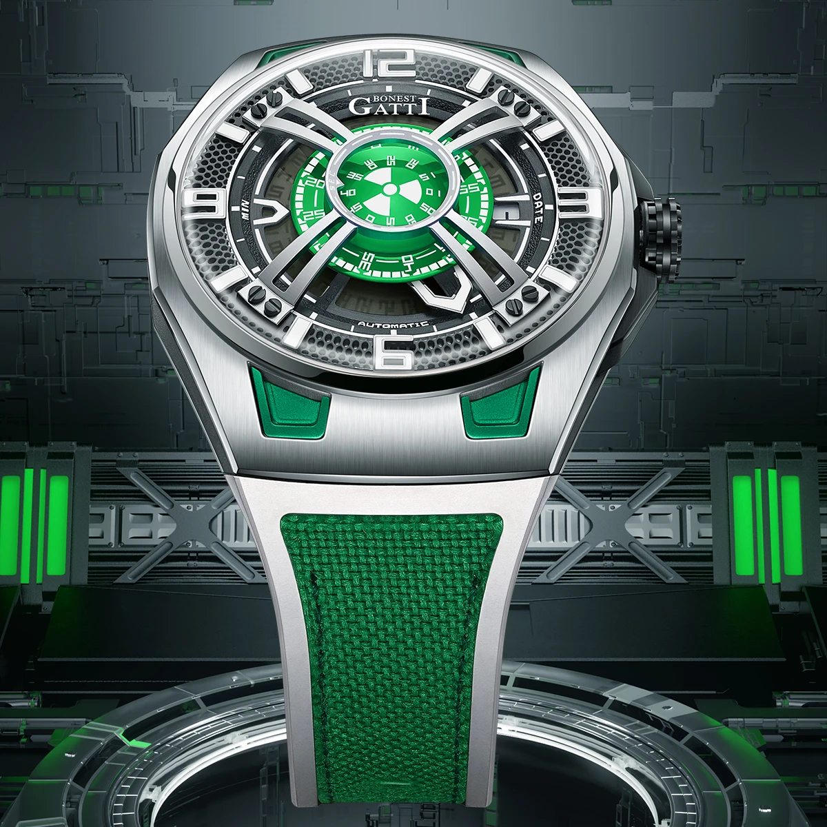 BONEST GATTI herenhorloge Valentijnsdag cadeau voor je vriend: Volautomatisch skelet mechanisch horloge Lichtgevend herenhorloge