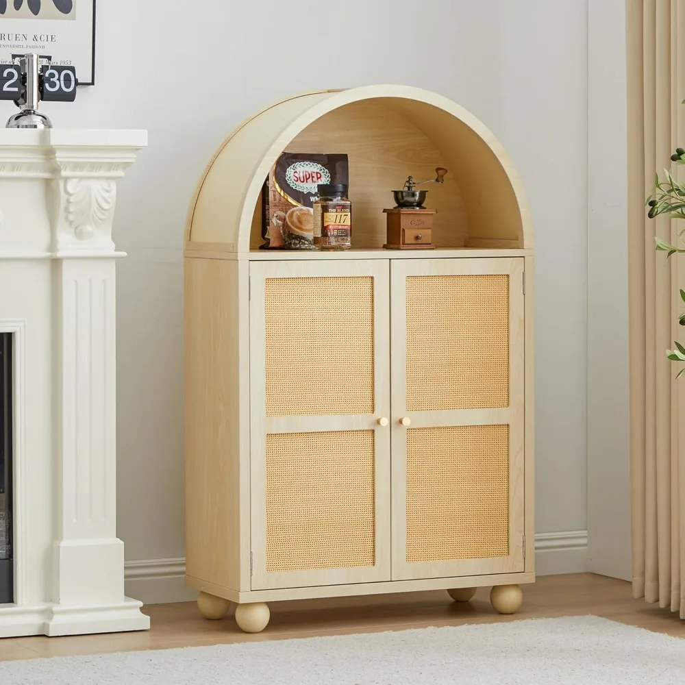 Sideboard Buffet Cabinet, Modern Arched Storage Cabinet with Rattan Decor Doors, Freestanding Accent Cabinet for Living Room