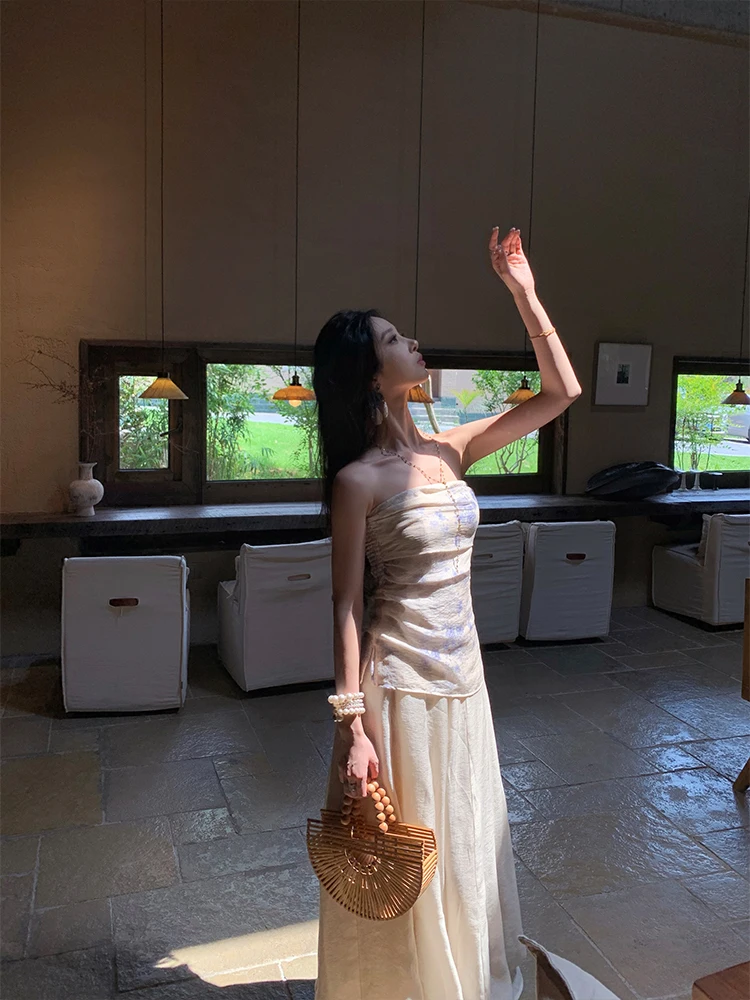 

Новая китайская летняя женская майка-топ с принтом, утягивающая талию, из льна и лиоцелла, для отпуска