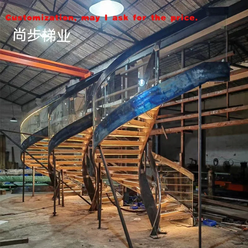 custom.Rotating Stairs Easy Assemble Curved Staircase Indoor Wooden Stairs With LED Light Solid Wood Steps
