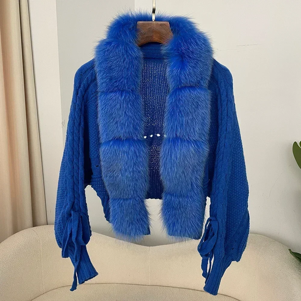 2024 Winter Neue Mode Stricken Strickjacke Knopfleiste Mantel Frauen Casual Echt Fox Pelzmantel Kurze Warme Gestrickte Jacke mit Natürlichen Pelz