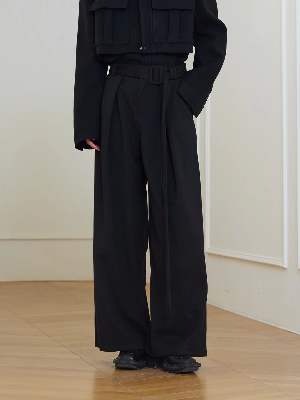 

Sunyvonne23FW Thickened Woolen Wide Leg Pants with Belt Lazy Style Suiting Trousers High Waist Original Design Casual Pants