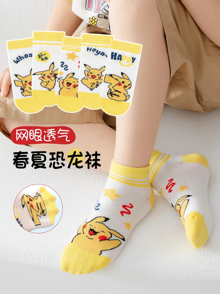 5 Pairs Pikachu Kids Socks Kawaii New Summer Fall Cartoon 1-12 Years Old Children Short Cotton Socks for Girls and Boys Gifts