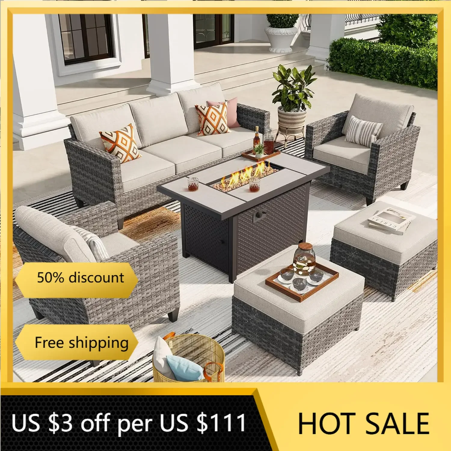 6 Pieces Patio Furniture Set with Fire Pit Table, Outdoor Wicker 3-Seat Sofa  High Back Rattan Conversation Set