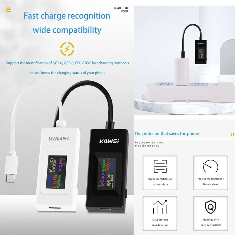 KWS-065C USB/Type-C Stroomspanningstester LCD-kleurenscherm 0-6,5A Batterijcapaciteitsdetector QC2.0 3.0 PD VOOC Snel opladen