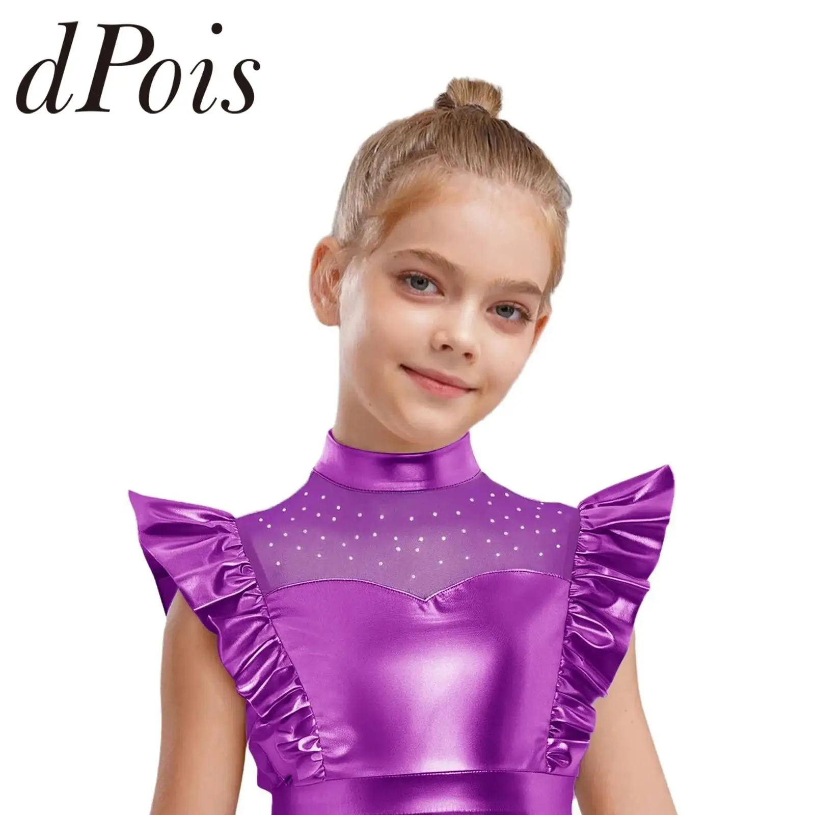 Kids Girls Ruffled Crop Tops Metallic Tank Crop Tops 70s Disco Outfit Jazz Dance Costume Sleeveless Shiny Performance Dance Wear