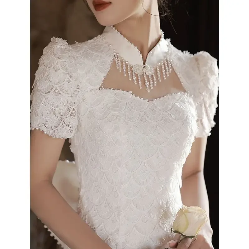 Heavy Industry White Stand Collar Backless Large Bow Pearl Tassel Cheongsam Bride Wedding Toast Dress Women's Chic Prom Dress