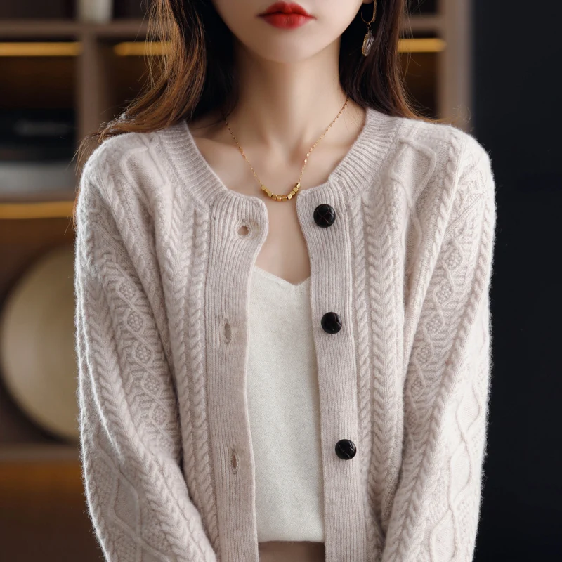 Ladies 100%Cashmere Cardigan O-Neck New Large Size Coat Knit Twist Base Shirts 2022 Spring Wild Thick Wool Sweater Women Jacket