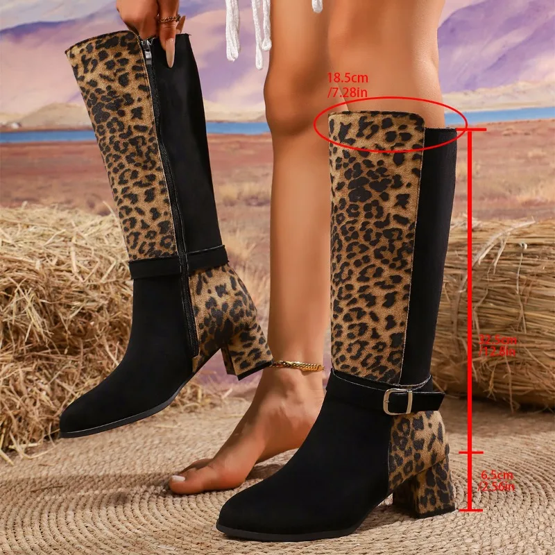 

Leopard Print Paneled Suede Zipper Block Heel Tall Boots Fashion Pointed Toe Metal Buckle Zipper Non-Slip Shoes for Women