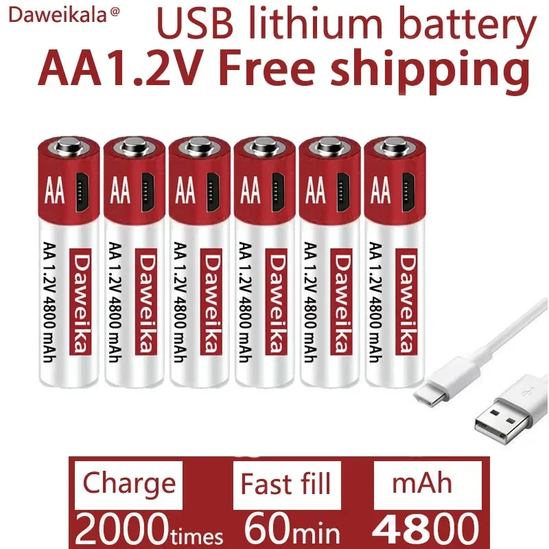 2025 جديد USB شحن سريع 1.2 فولت AA 4800 مللي أمبير بطارية ليثيوم قابلة للشحن لإنذار بندقية التحكم عن بعد لعبة الفأر البطارية