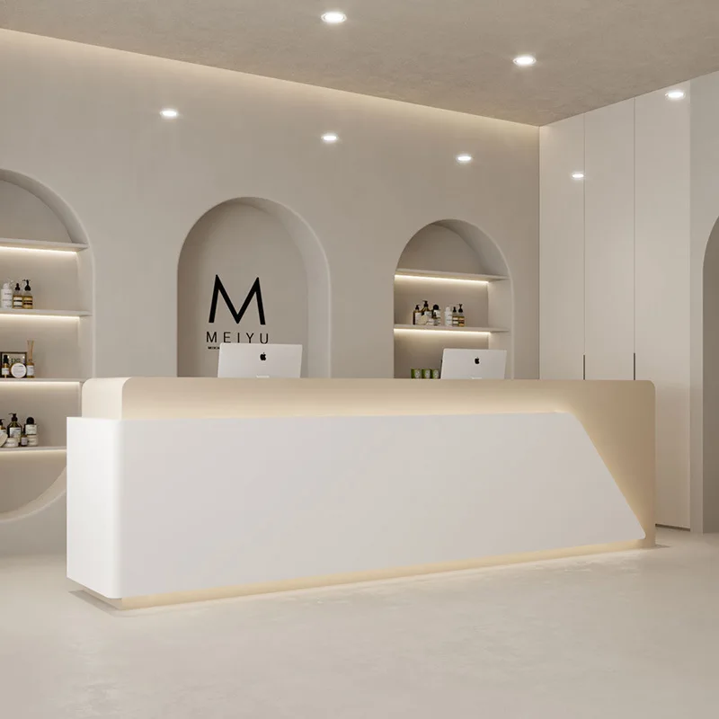 Simple modern bar, yoga studio, beauty salon reception desk, cash register, light luxury lacquered bridal shop
