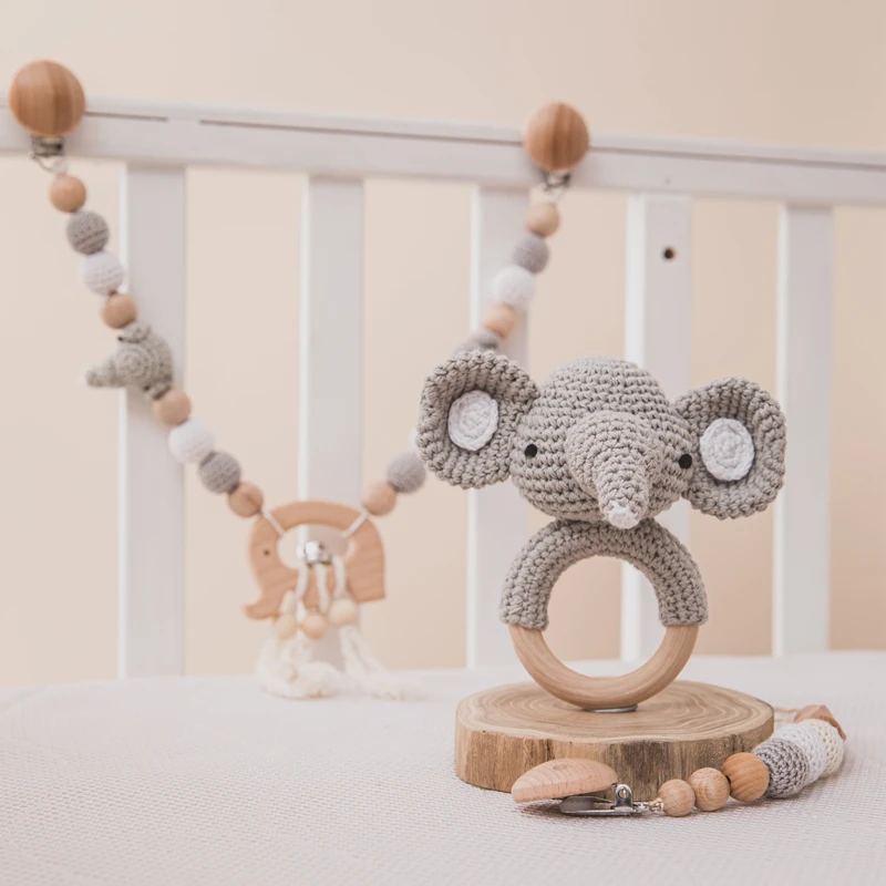 Baby Wood Crochet Stroller Toys Elephant Bed Hanging Rattle Toy Crochet Animal Pendant Bead Bracelet Baby Crib Mobile Rattle Toy