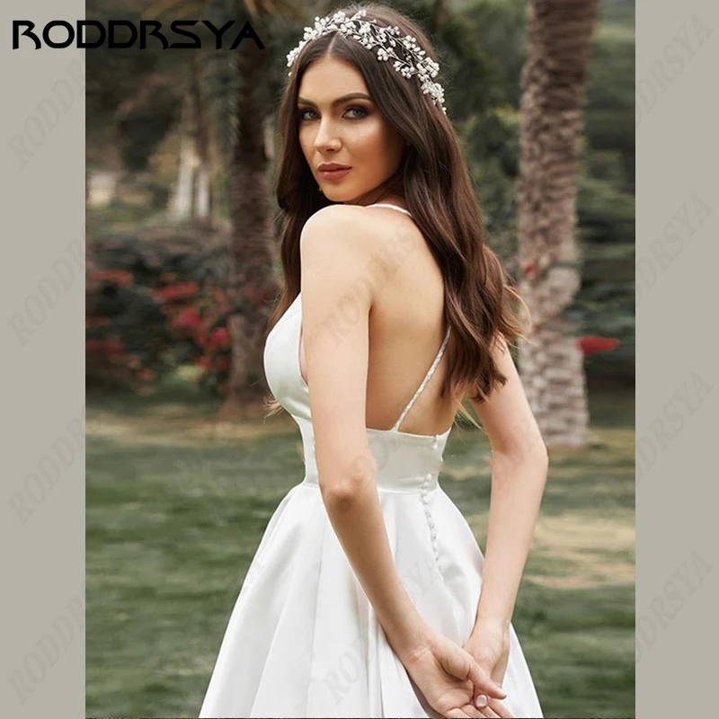 RODDRSYA Princesa Vestidos De Casamento Curto V-Neck Festa De Noiva Romântico Backless Robe De Soirée Satin Spaghetti Strap Vestido De Noiva Princesa Vestidos De Casamento Curto V-Neck Festa De Noiva Romântico Backless