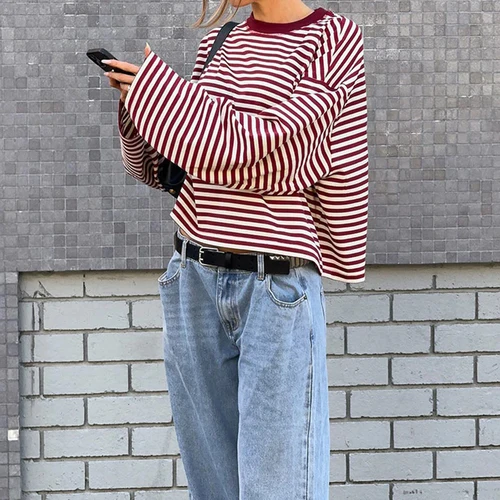 Imagen 2 del producto Nueva camiseta de moda para mujer, camiseta holgada de manga larga con cuello redondo para mujer, Top informal a rayas, ropa de calle, gran oferta XS-XL