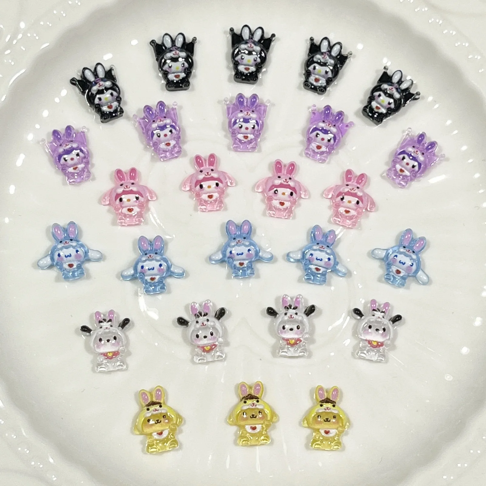 20Pcs New Nail Accessories Cute Rabbit Ears Jade Guigou Kuromi Resin Cartoon Accessories DIY Decoration