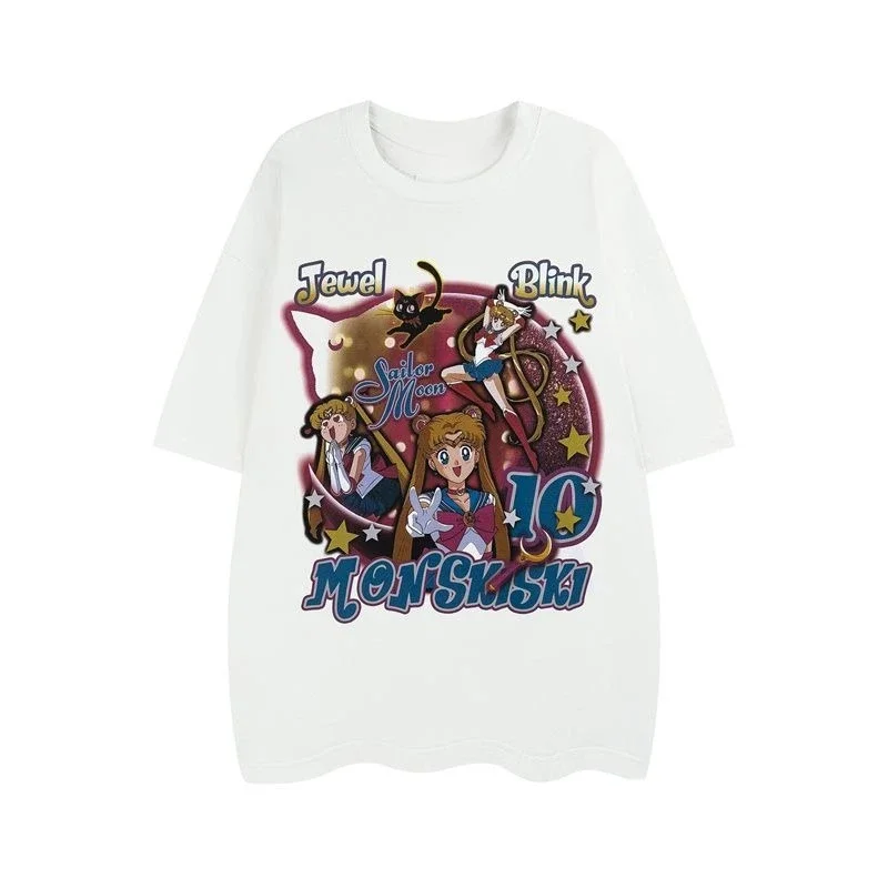 بحار القمر الأمريكية الرجعية طباعة القطن قصير الأكمام تي شيرت المرأة Ins المد الصيف فضفاضة ومتعددة الاستخدامات نصف كم المتخصصة