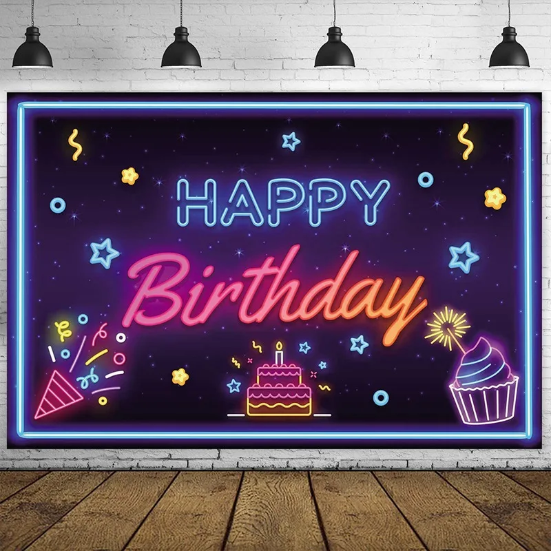 Fluorescence Backdrop Happy Birthday Party Decorations Kids Adults Backdrops Banner Curtain Baby Shower Photographic Background image 4