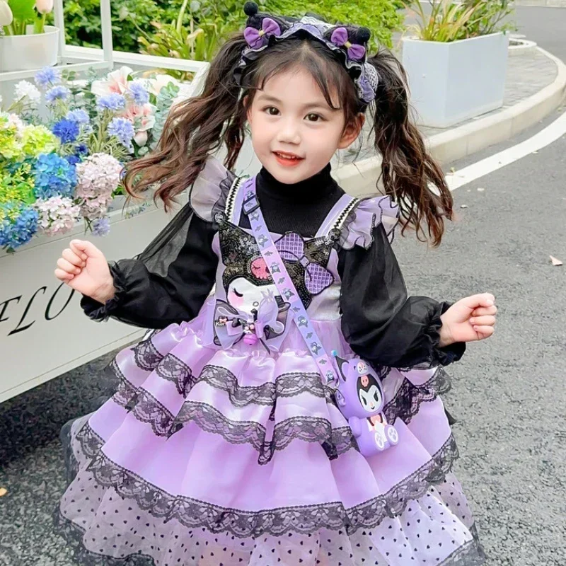 Vestido anime Sanrio Kuromi Lolita para meninas, saia de princesa, cosplay infantil, presente de festa de aniversário, primavera e outono, 2024