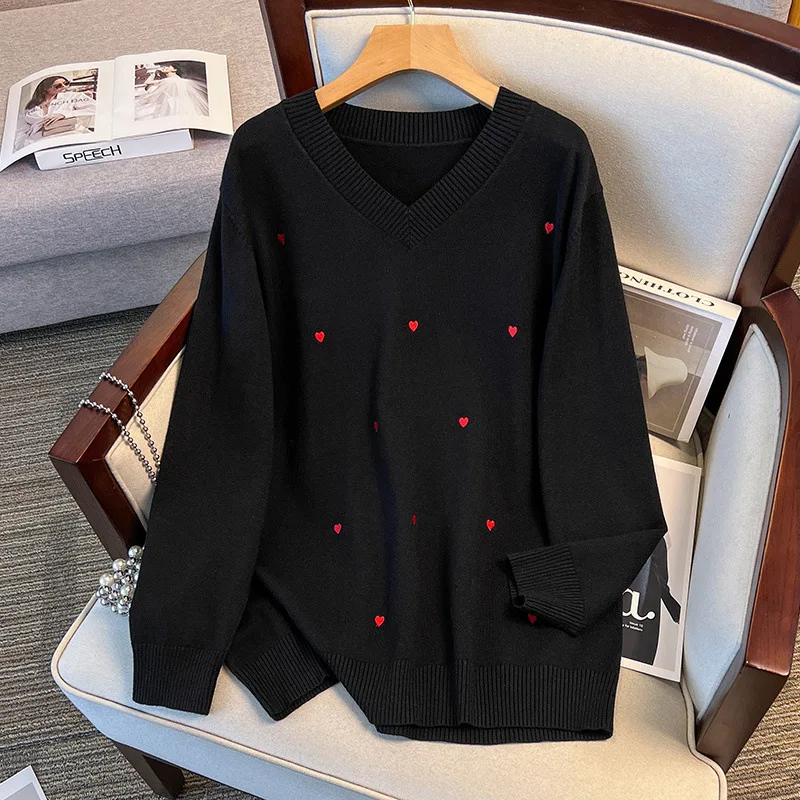 170Kg Plus Size Women's Bust 160 Spring Autumn Loose V-Neck Heart Knit Sweater Black White 4XL 5XL 6XL 7XL 8XL 9XL