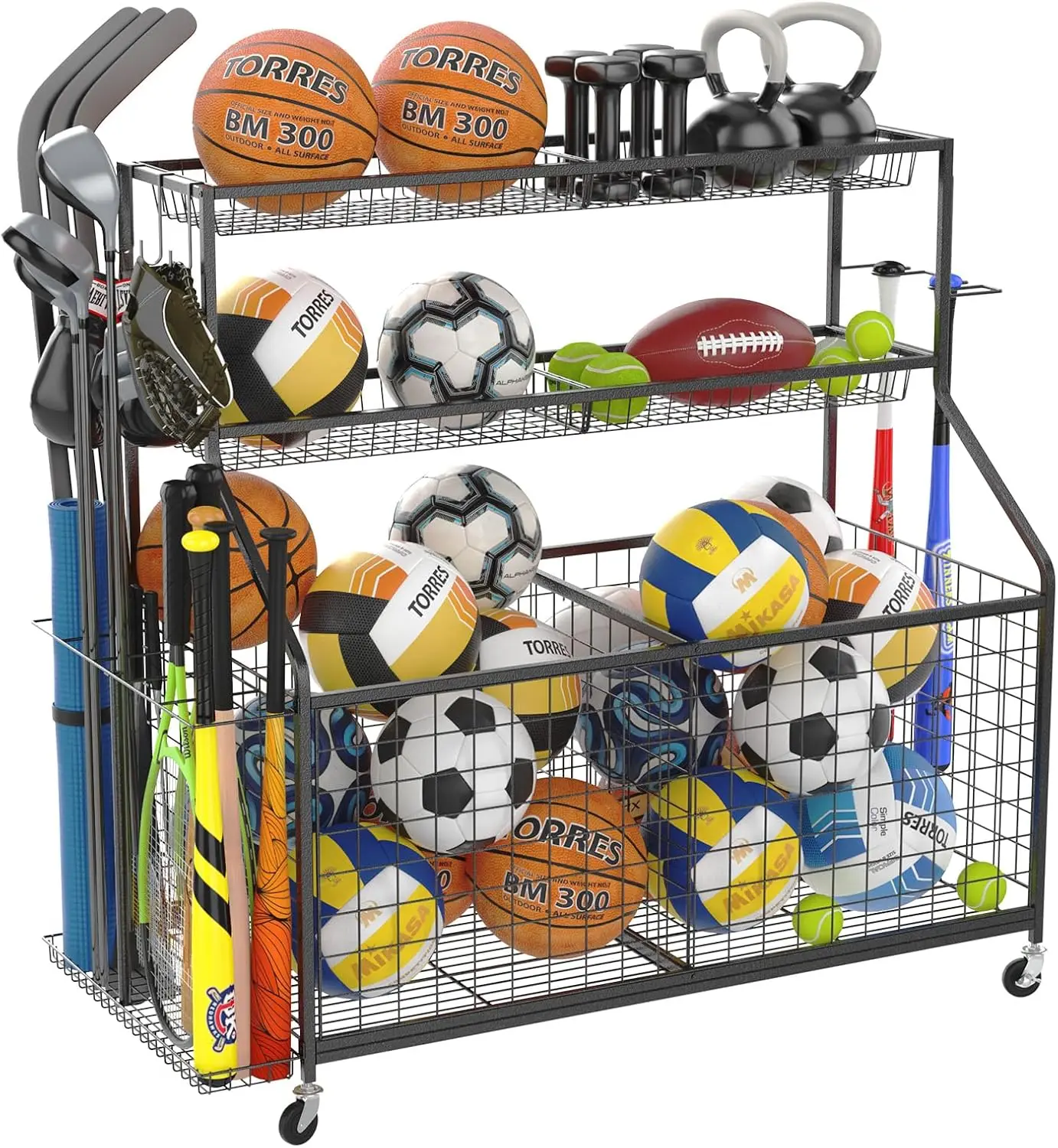 

Garage Sports Equipment Organizer Ball Storage Rack Sports Gear Storage Garage Organizer with Baskets and Hooks