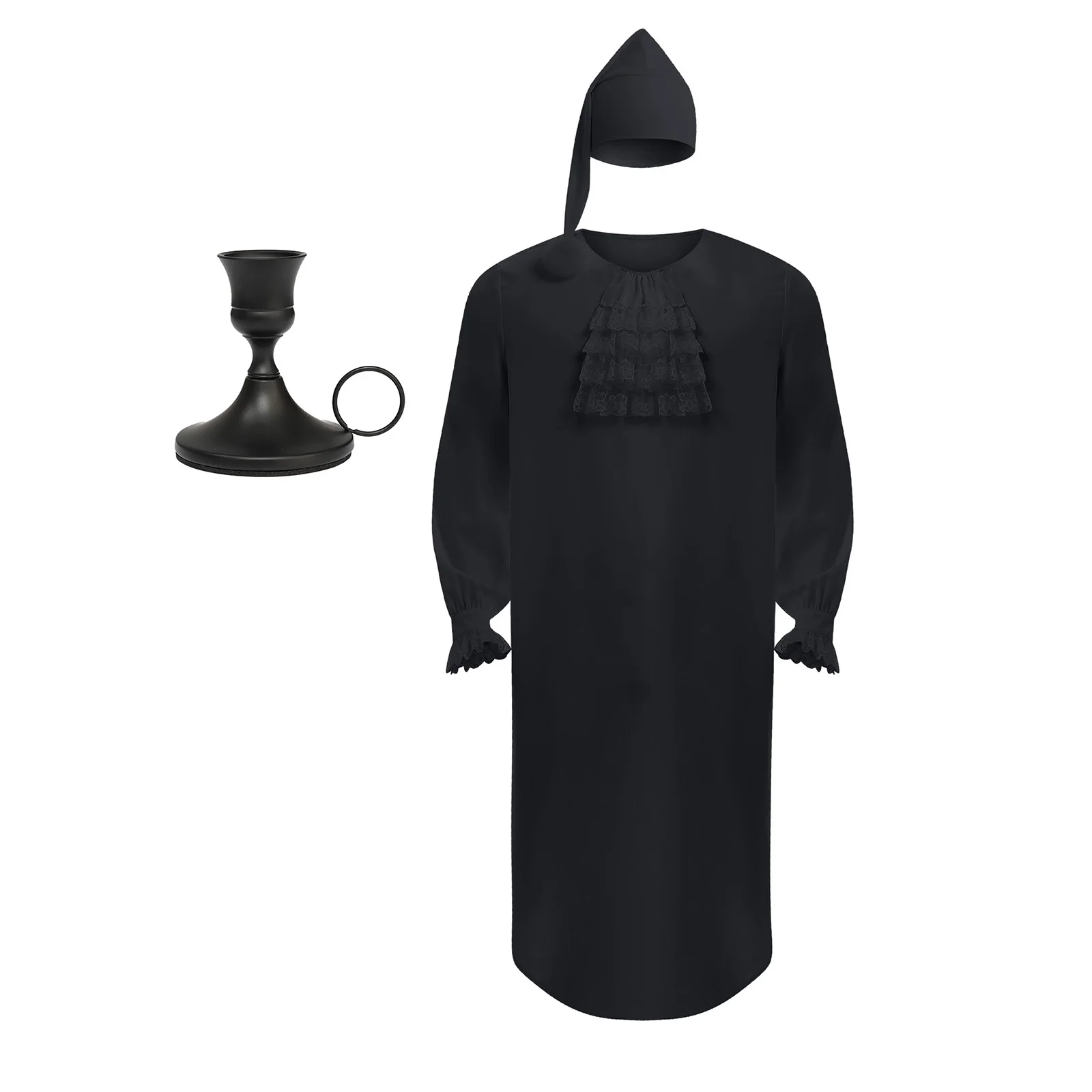 Mens Medieval Victorian Nightgown Long Sleeve Lace Trim Ruffles Collar Night Dress with Hat Candle Holder for Halloween Cosplay - view 4