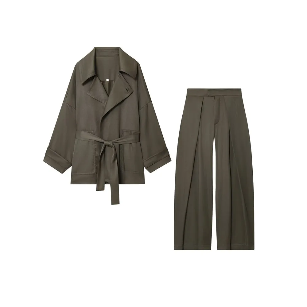 

Новая осенняя женская одежда с лацканами, длинными рукавами и прямым вырезом на поясе, струящаяся куртка и плиссированные брюки со средней талией спереди