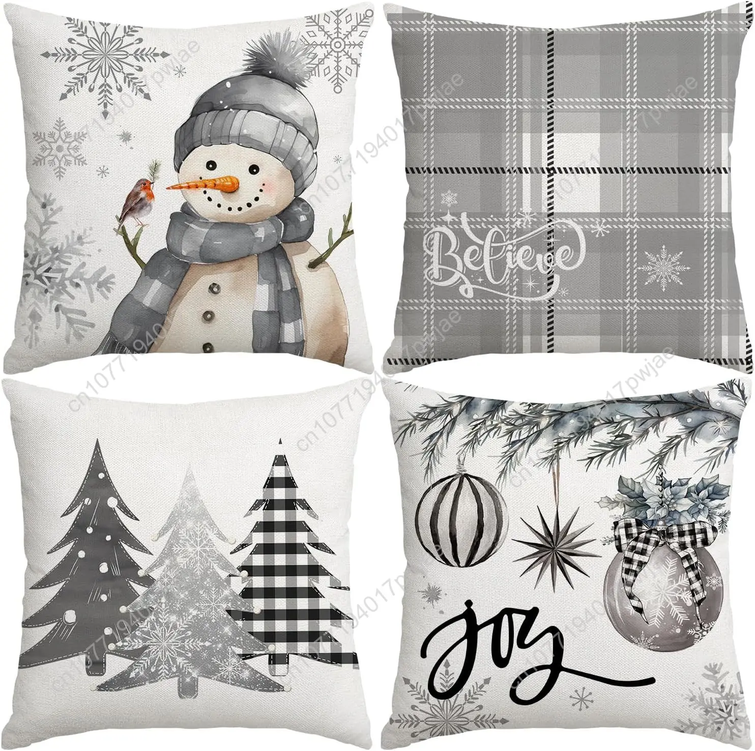 

Artmag Christmas Pillow Covers 18x18 Inch Set of 4, Decorative Farmhouse Snowman Joy Believe Christmas Tree Grey Pillow Covers f