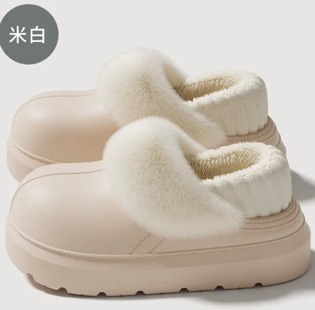 Women Winter Fuzzy Lined Waterproof Platform Slippers Warm Closed Back House Shoes
