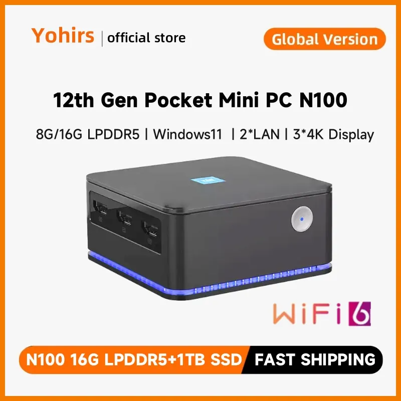 Yohirs-Bâton PC Portable, 12e Isabel, Intel N100, LPDDR5, 8 Go, 16 Go, 1 To, Nvme, SSD, Windows 11, Affichage 4K, WiFi, 6Pocket, Mini Ordinateur