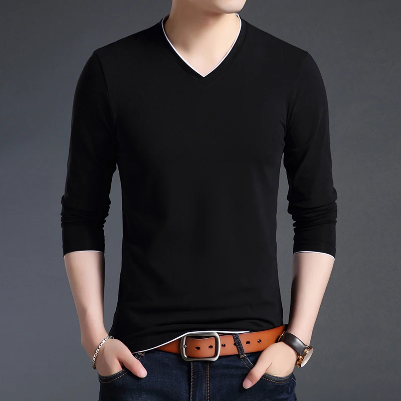 

New Fashion Brand T Shirts Men V Neck Street Wear Tops Trending Mercerized Cotton Korean Long Sleeve Tee Men Clothing
