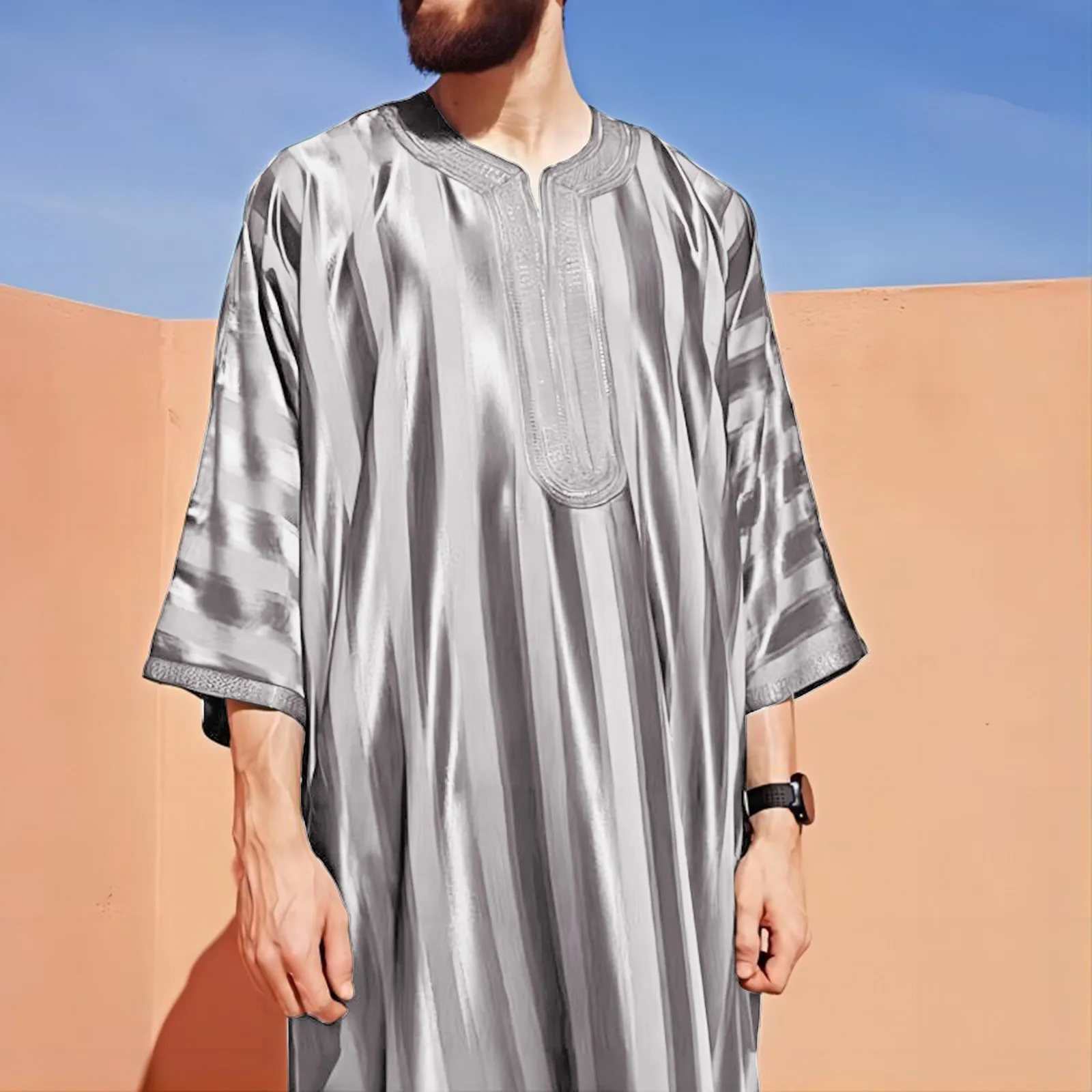 남성용 아랍 무슬림 패션 이슬람 의류, 남성용 자수 주바 토브 옴므 모로코 카프탄 이드 기도용 긴 가운, 원피스 2024