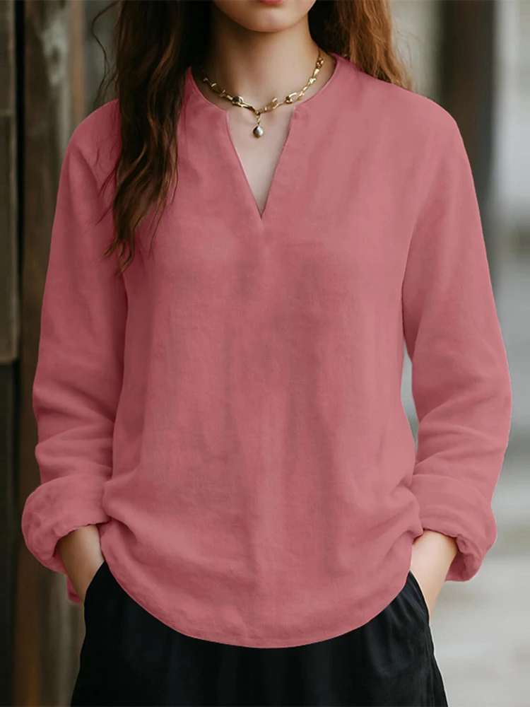 

Autumn Tops ZANZEA Women Fashion Blouse 2025 Long Sleeve Pullovers Vintage Casual V-Neck Solid Color Elegant Office Blusas Tunic