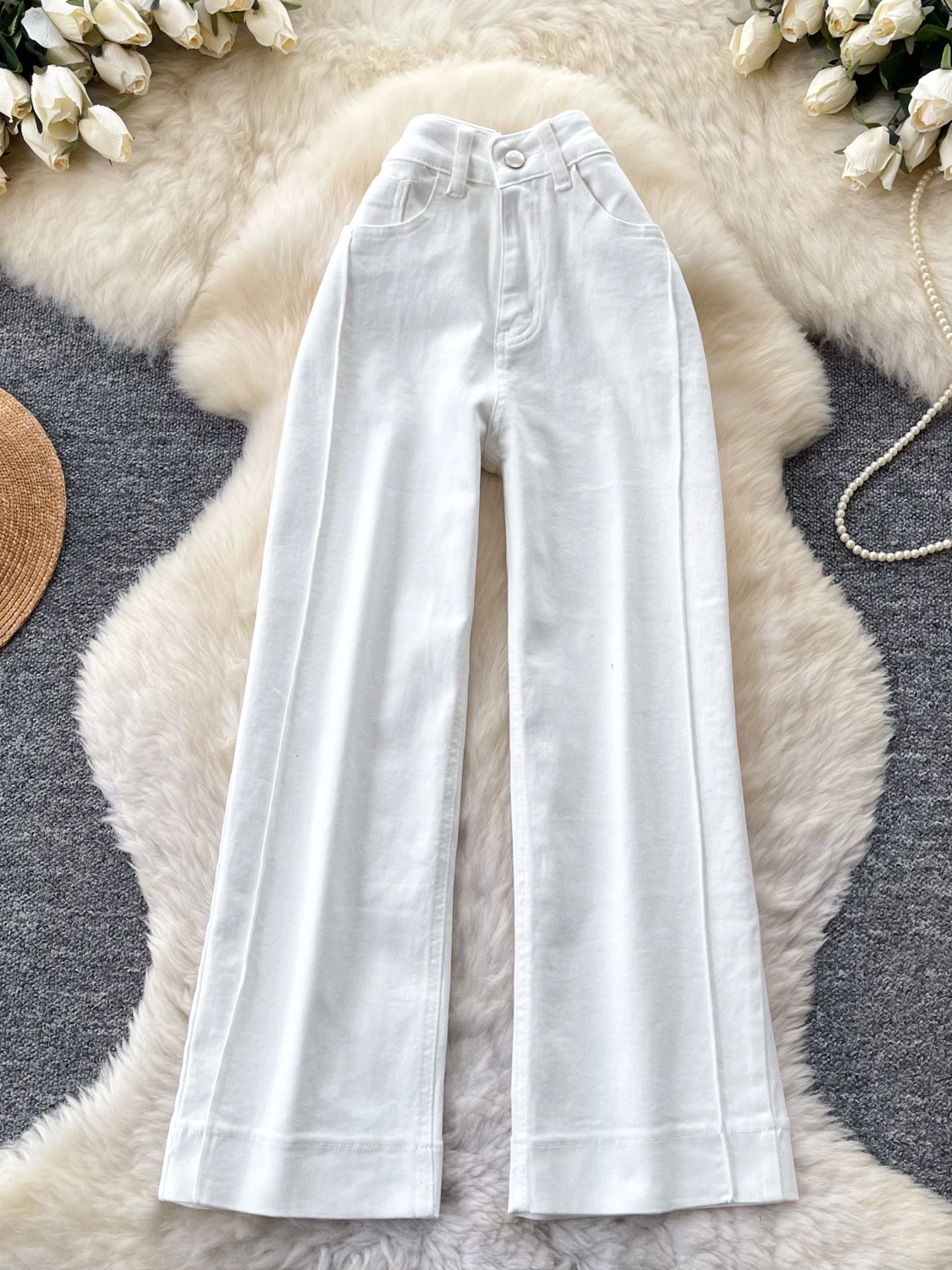 

High Waist Wide Leg Casual White Jeans Women's Loose Slimming Straight Leg Pants Spring Season Stretch Denim Skinnies