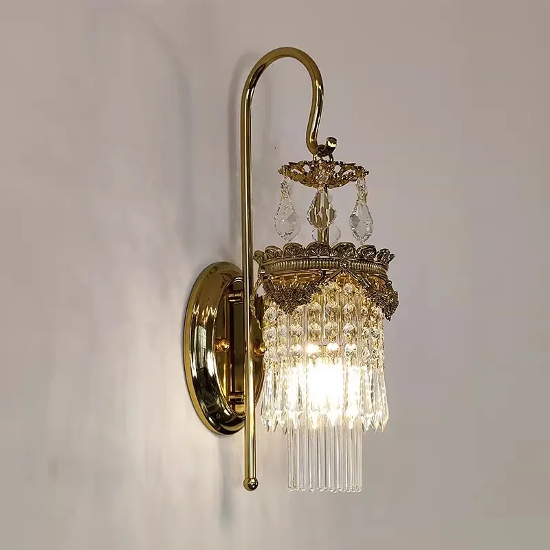 

French living room crystal wall lamp TV background wall light luxury European bedroom bedside aisle stairs charging wall lamp