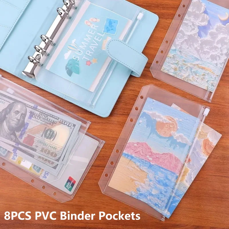 

【Beautiful】8PCS PVC Binder Pocket Cash Envelopes A5 A6 A7 Zipper Money Organizer Budget Document Filing Loose Leaf Inserts