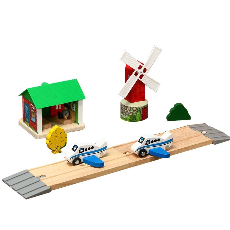 Aircraft Windmill Track Set Ticket Office Children's Educational Track Toy Accessories Compatible With Wooden Train Gifts PD28