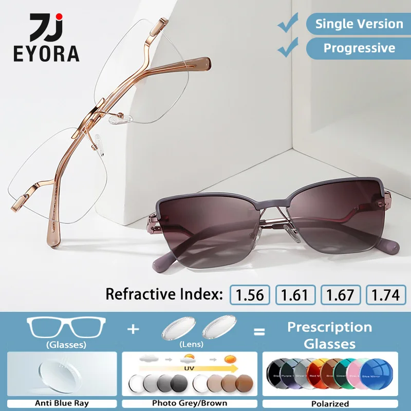 EYORA Rimless Cat Eye Women Glasses Magnetic Clip Polarized Sunglasses Hyperopia Anti Blue Ray Progressive Photochromic Eyewear