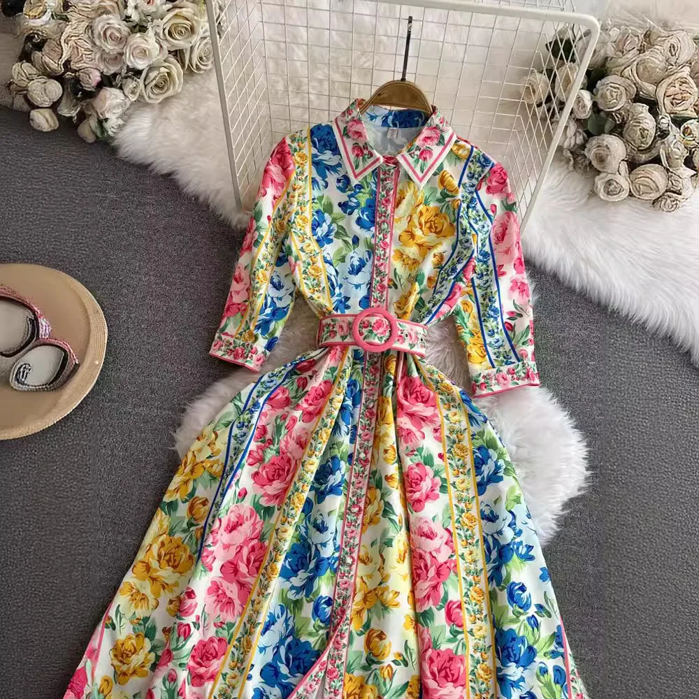 Bohemian Style Party Dress Women Lapel Short Sleeved Printed Floral Dresses Ladies Spring Summer Elegant Slim A-line Midi Robe