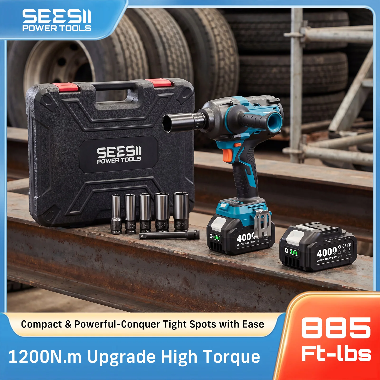 SEESII WH12 Ultra Pro 1200Nm Cordless Impact Wrench with Handle 1/2