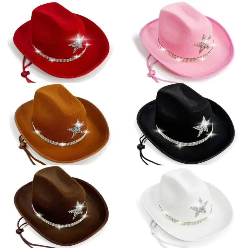 Kid’s Western Themed Cowboy Hat, Sparkly Rhinestone Pentagram Ornament, Festive Party Dress-up Hat for Boys and Girls
