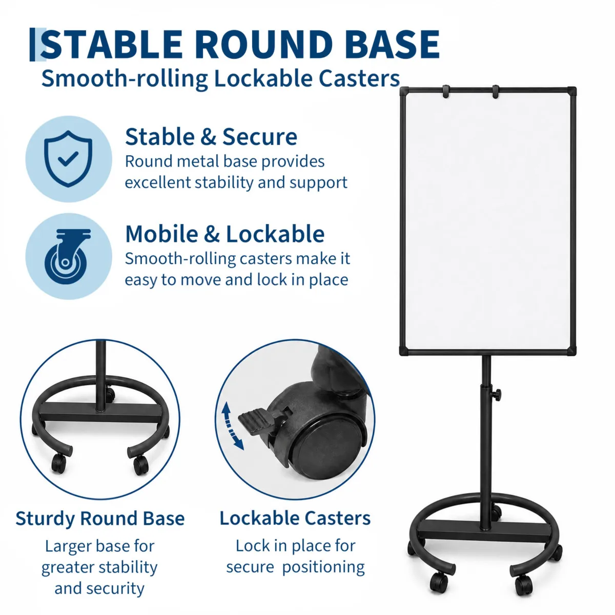 Magnetic Rolling Whiteboard on Wheels with Paper Holder & Hooks – 40