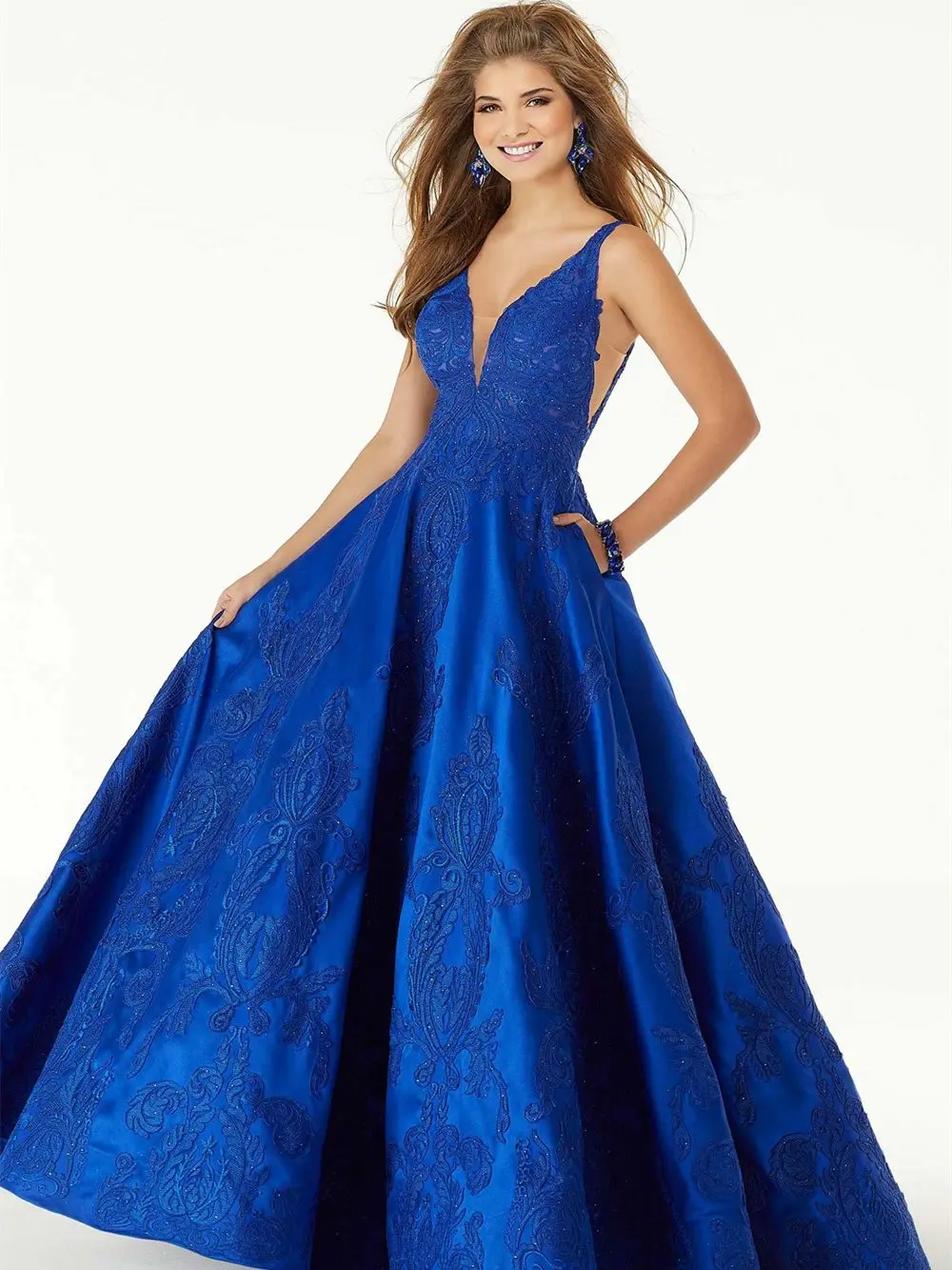 

Elegant Party Evening Royal Blue Sleeveless V Neck with Lace Satin Applique Pockets Prom Dresses Women's Formal Occasion Gowns