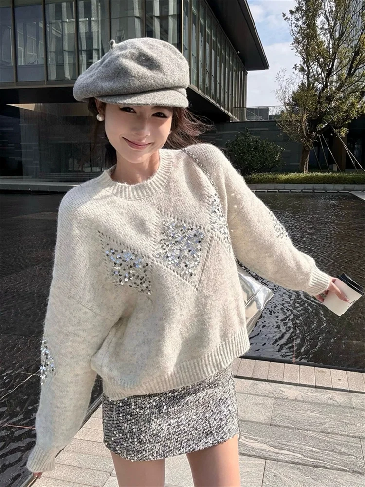 Fashion Glitter Round Neck Long Sleeved Knitted Sweater Women Vintage Loose Autumn Winter Pullovers Niche Design Knitting Tops