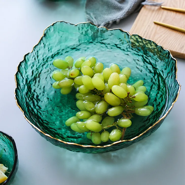 Japanese Style Green Glass Bowl with Glod Rim Salad Fruit Soup Dessert Snack Foods Mixing Bowl Tea Wash Large