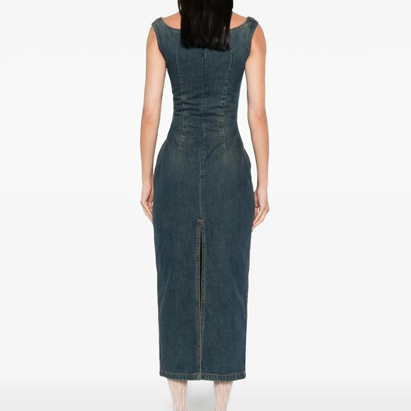 فستان نسائي من الدنيم المغسول، فستان طويل بقصة ضيقة بدون أكمام ورقبة مستقيمة، فستان رسمي من القطن الخالص عالي الجودة، 2025، جديد