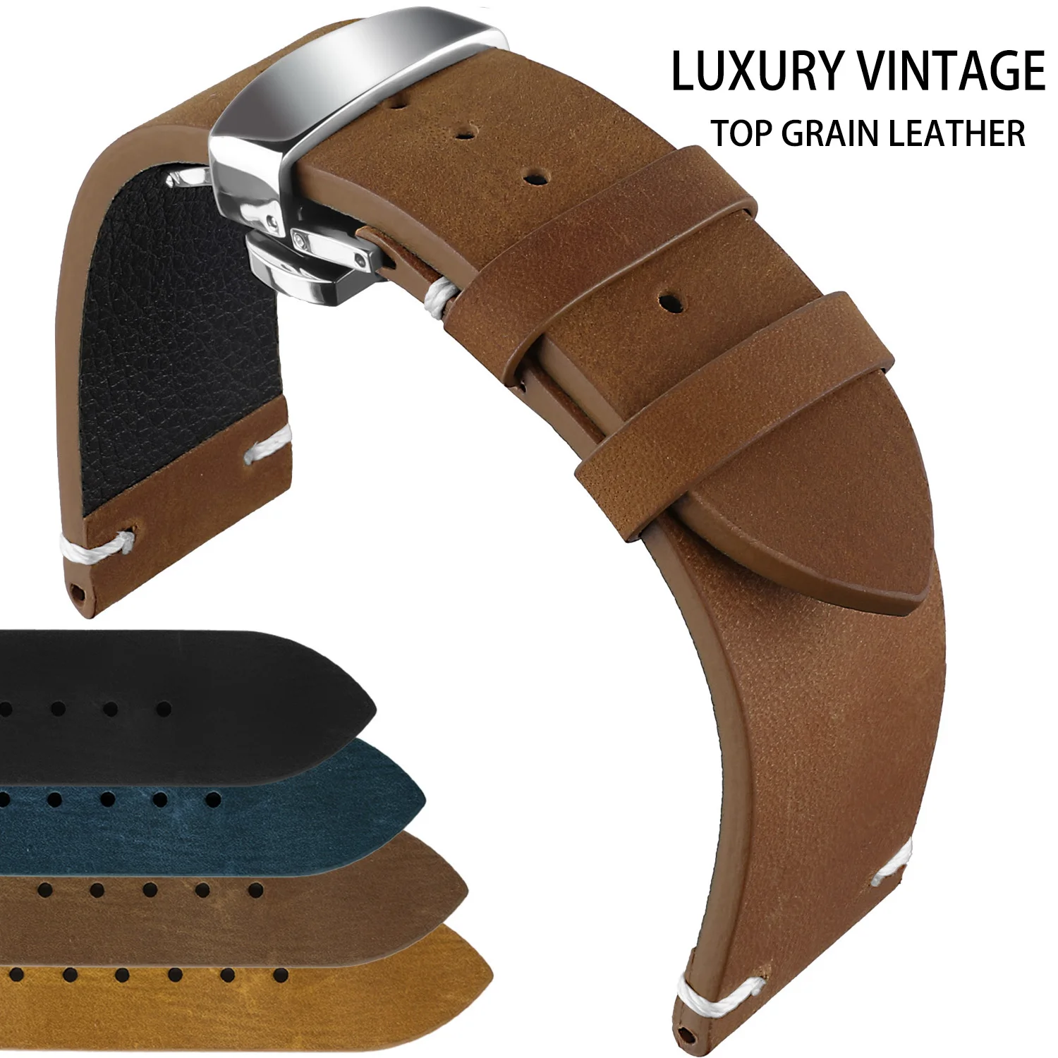 Genuine Leather Watch Bands , Vintage Top Grain Leather Watch Straps 18mm, 19mm, 20mm, 21mm, 22mm, 24mm for Seiko Citizen Orient