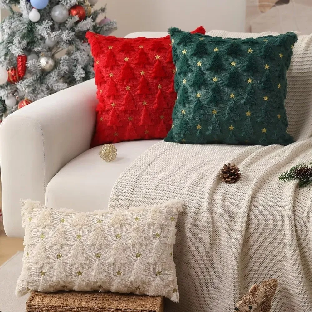 New Christmas Throw Cushion Case 18x18in Soft Sofa Cushion Cover Square Xmas Tree Pattern Pillowcase Party Decoration