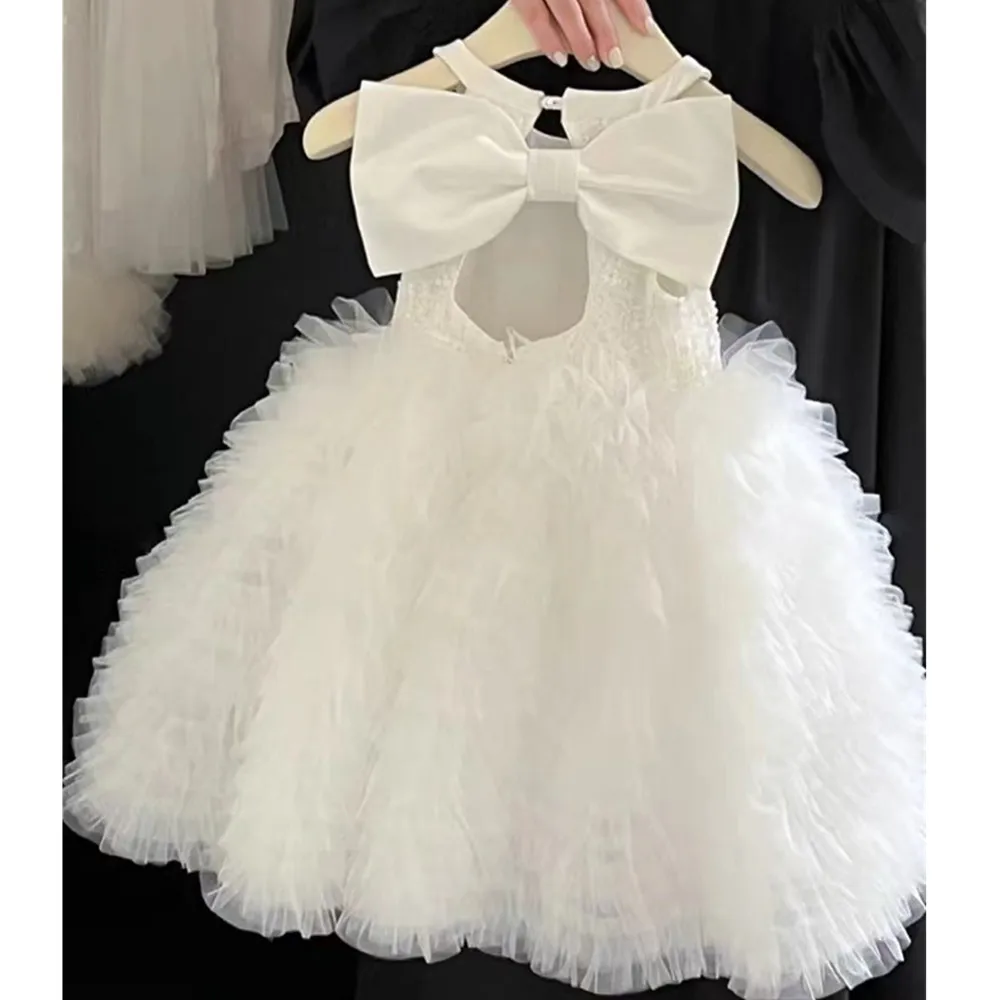 Baptism High Waisted Princess Dress White Baby Birthday Wedding Dress Flower Girl Dress Fluffy Customized Communion Gown