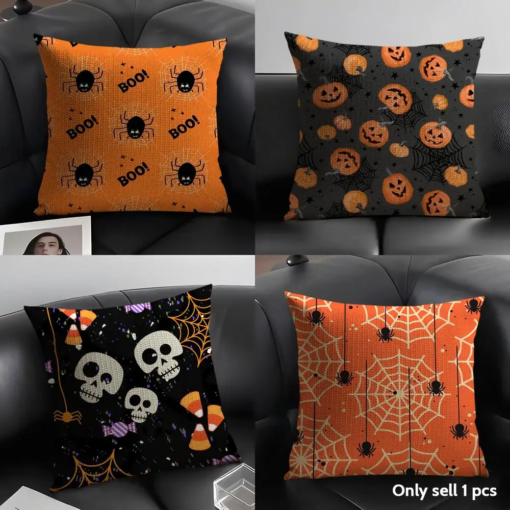 Happy Halloween Scary Spider Web Cushion Cover Breathable Linen Organic Fabric Double-Sided Printing Sofa Pillow Case Home Decor